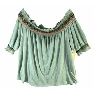 Flower & Feather Off Shoulder Top Women 3XL Light Green Embroidered Peasant Boho